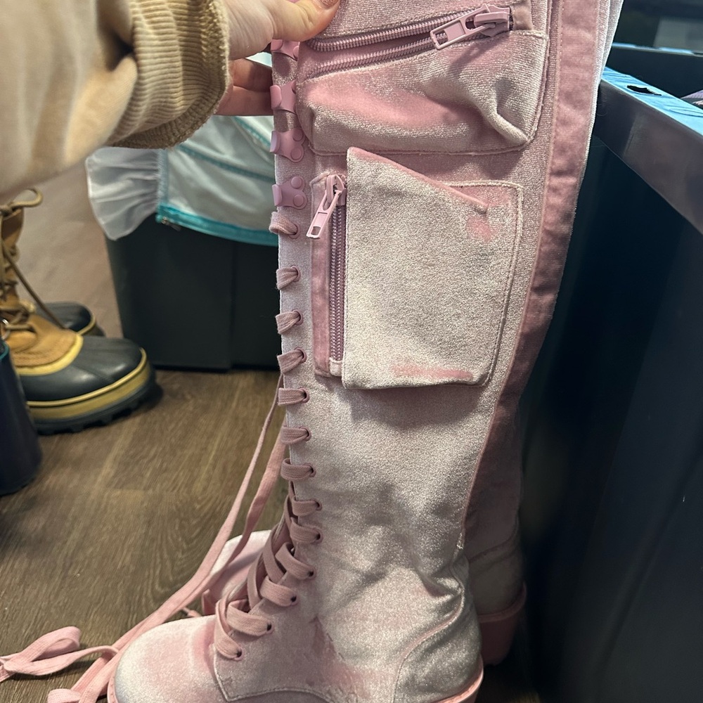 Cute Pink Lace-Up Knee-High Velvet Boots with Utility Pockets. Dolls Kill
